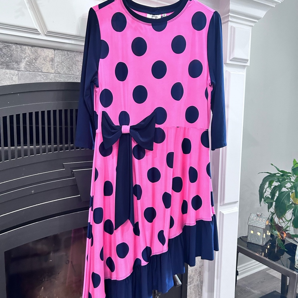 Pink & Navy Polka Dot Bow Swing Dress